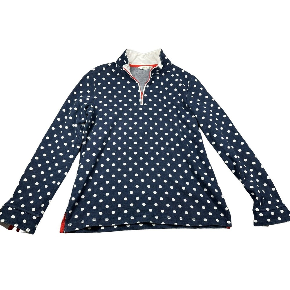 Orvis Pullover Womens  Navy Blue & White Polka Dot 1/4 Zip Cuffed Sleeves Medium